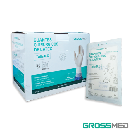 Guantes Quirúrgicos Estériles de Látex, Sin Polvo, Sobre Largo (Talla 6.5) - Caja x 50 Pares - GROSSMED