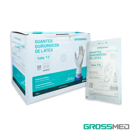 Guantes Quirúrgicos Estériles de Látex, Sin Polvo, Sobre Largo (Talla 7.5) - Caja x 50 Pares - GROSSMED