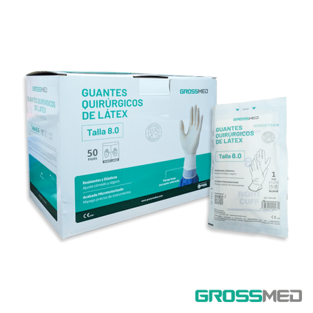 Guantes Quirúrgicos Estériles de Látex, Sin Polvo, Sobre Largo (Talla 8.5) - Caja x 50 Pares - GROSSMED