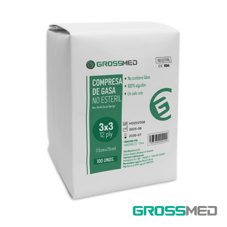 TuMaterialMédico.com | Compresa de Gasa No Estéril 3"x 3" GROSSMED
