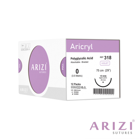 Aricryl 318: Poliglactina 910 0 - 75 cm, Aguja de 1/2 Círculo Punta Cónica 26 mm - Caja x 12 Unidades - ARIZI