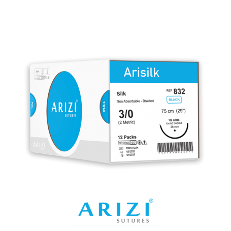 Arisilk 832: Seda 3/0 - 75 cm, Aguja de 1/2 Círculo Punta Cónica 26 mm - Caja x 12 Unidades - ARIZI