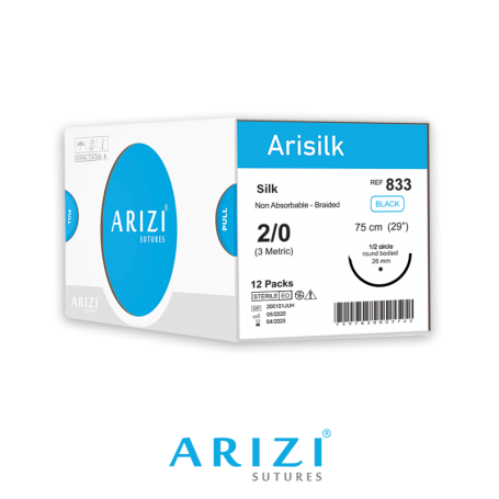 Arisilk 833: Seda 2/0 - 75 cm, Aguja de 1/2 Círculo Punta Cónica 26 mm - Caja x 12 Unidades - ARIZI