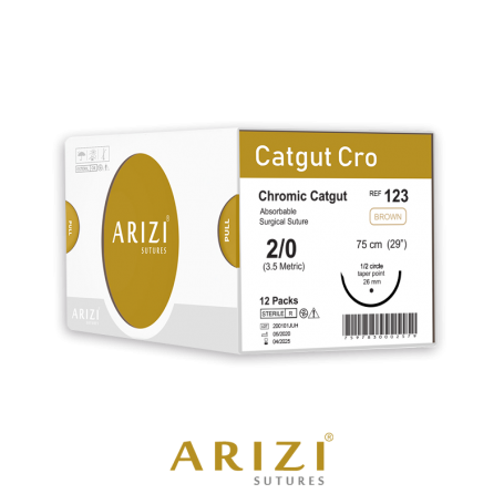 Catgut Cro 123: Crómico 2/0 - 75 cm, Aguja de 1/2 Círculo Punta Cónica 26 mm - Caja x 12 Unidades - ARIZI