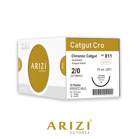 Catgut Cro 811: Crómico 2/0 - 75 cm, Aguja de 1/2 Círculo Punta Cónica 36 mm - Caja x 12 Unidades - ARIZI