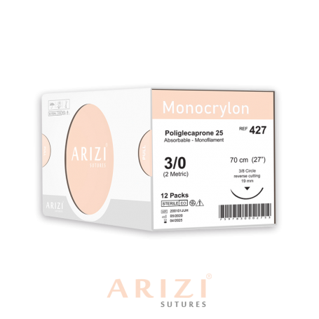 Monocrylon 427: Poliglecaprone 25 3/0 - 70 cm, Aguja de 3/8 Corte Inverso 19 mm - Caja x 12 Unidades - ARIZI