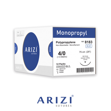 Monopropyl 8183: Polipropileno 4/0 - 75 cm, Aguja de 3/8 Corte Inverso 19 mm - Caja x 12 Unidades - ARIZI
