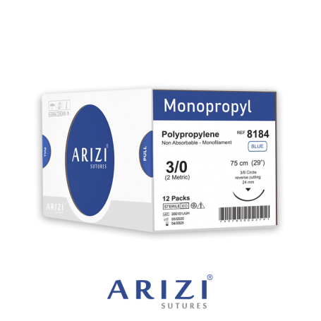 Monopropyl 8184: Polipropileno 3/0 - 75 cm, Aguja de 3/8 Corte Inverso 24 mm - Caja x 12 Unidades - ARIZI