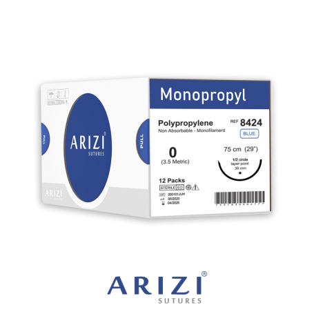 Monopropyl 8424: Polipropileno 0 - 75 cm, Aguja de 1/2 Círculo Punta Cónica 36 mm - Caja x 12 Unidades - ARIZI