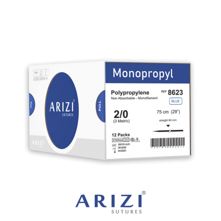 Monopropyl 8623: Polipropileno 2/0 - 75 cm, Aguja Recta de Corte Inverso 60 mm - Caja x 12 Unidades - ARIZI