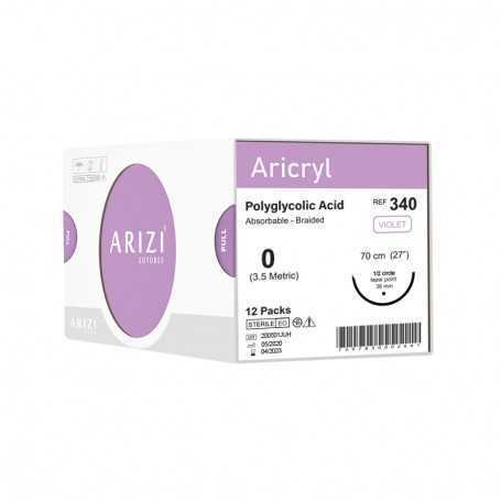 Aricryl 340: Poliglactina 910 0 - 70 cm, Aguja de 1/2 Círculo Punta Cónica 36 mm - Caja x 12 Unidades - ARIZI