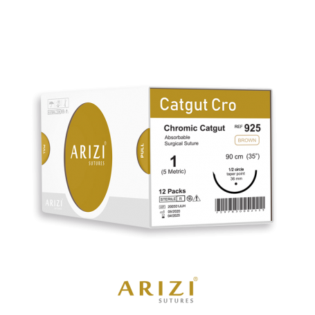 Catgut Cro 925: Crómico 1 - 90 cm, Aguja de 1/2 Círculo Punta Cónica 36 mm - Caja x 12 Unidades - ARIZI