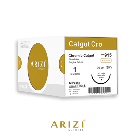 Catgut Cro 915: Crómico 1 - 90 cm, Aguja de 1/2 Círculo Punta Cónica 40 mm - Caja x 12 Unidades - ARIZI