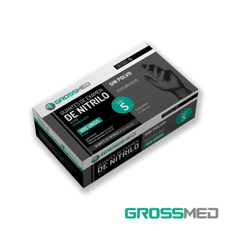 Guantes de Nitrilo para Examen (Sin Polvo) - Talla S - Negro - Caja x 100 Unidades - GROSSMED