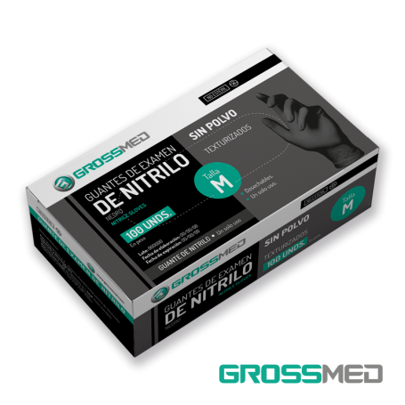 Guantes de Nitrilo para Examen (Sin Polvo) - Talla M - Negro - Caja x 100 Unidades - GROSSMED