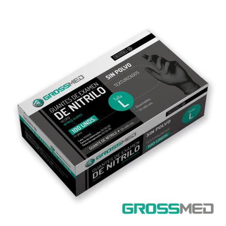 Guantes de Nitrilo para Examen (Sin Polvo) - Talla L - Negro - Caja x 100 Unidades - GROSSMED