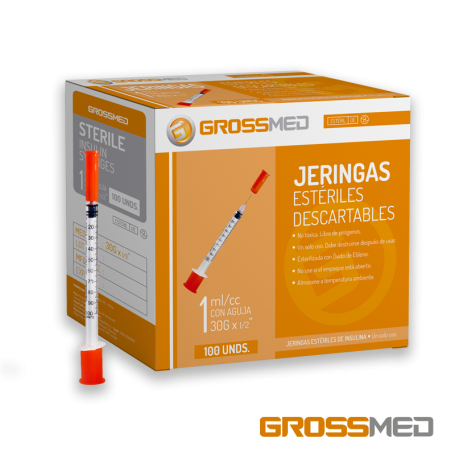 Jeringa de 1 cc con Aguja Integrada 30G x 1/2" (Naranja) (E) - Caja x 100 Unidades - GROSSMED