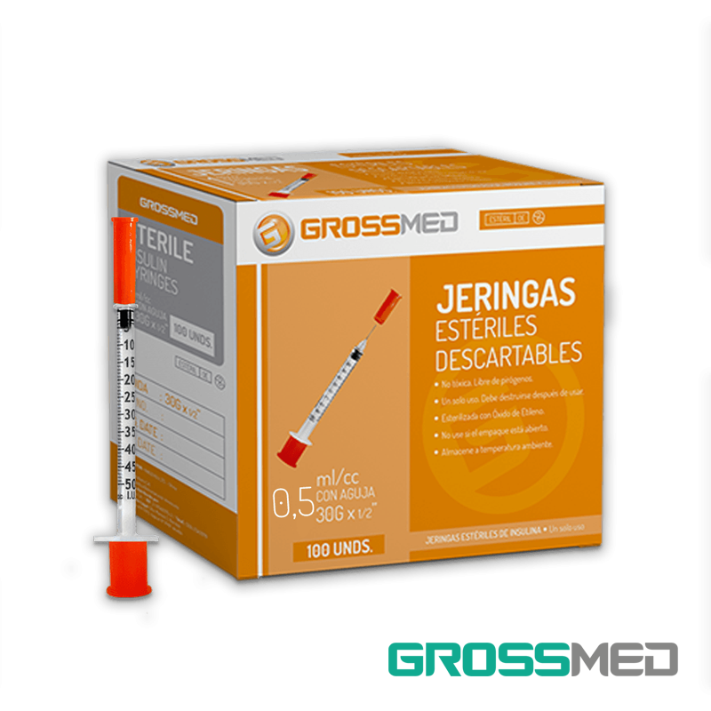 Jeringas Descartables de 0,5 cc con Aguja 30G x 1/2 - Caja 100 Unds -  GROSSMED