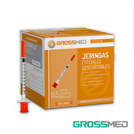 Jeringa de 0,5 cc con Aguja Integrada 30G x 1/2" (Naranja) (E) - Caja x 100 Unidades - GROSSMED
