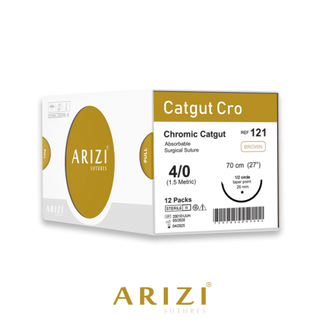Catgut Cro 121: Crómico 4/0 - 70 cm, Aguja de 1/2 Círculo Punta Cónica 26 mm - Caja x 12 Unidades - ARIZI
