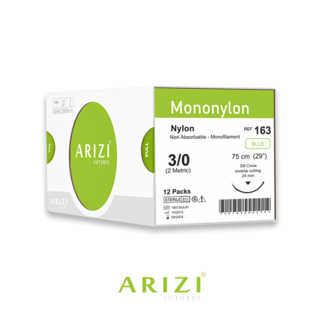 Mononylon 163: Nylon 3/0 - 75 cm, Aguja de 3/8 Corte Inverso 24 mm - Caja x 12 Unidades - ARIZI