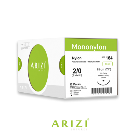 Mononylon 164: Nylon 2/0 - 75 cm, Aguja de 3/8 Corte Inverso 24 mm - Caja x 12 Unidades - ARIZI