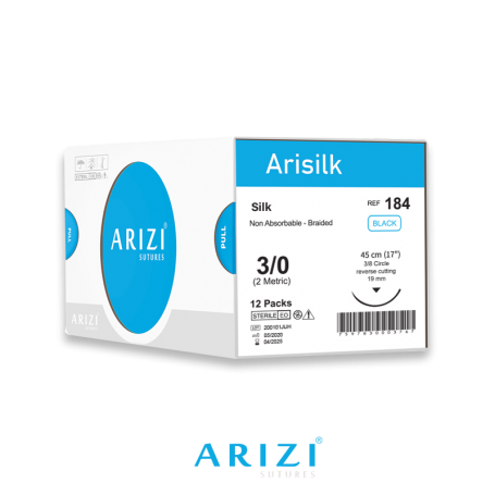 Arisilk 184: Seda 3/0 - 45 cm, Aguja de 3/8 Círculo Corte Inverso 19 mm - Caja x 12 Unidades - ARIZI