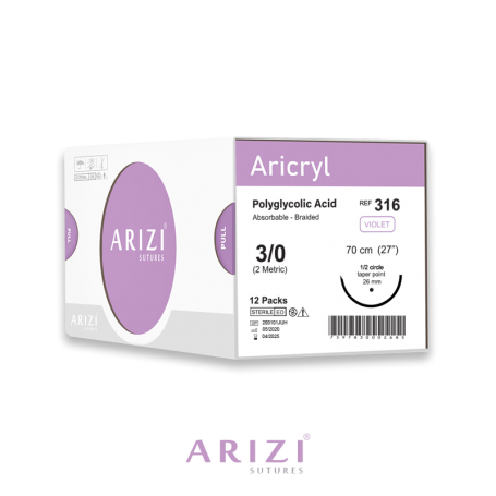 Aricryl 316: Poliglactina 910 3/0 - 70 cm, Aguja de 1/2 Círculo Punta Cónica 26 mm - Caja x 12 Unidades - ARIZI