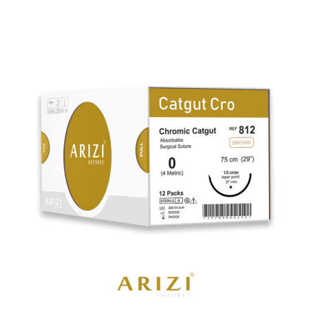 Catgut Cro 812: Crómico 0 - 75 cm, Aguja de 1/2 Círculo Punta Cónica 37 mm - Caja x 12 Unidades - ARIZI