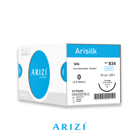 Arisilk 834: Seda 0 - 75 cm, Aguja de 1/2 Círculo Redonda Con Cuerpo Redondo 26 mm - Caja x 12 Unidades - ARIZI