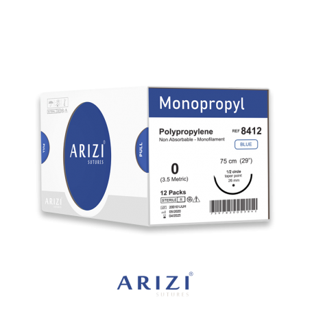 Monopropyl 8412: Polipropileno 0 - 75 cm, Aguja de 1/2 Círculo Punta Cónica 26 mm - Caja x 12 Unidades - ARIZI
