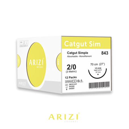 Catgut Sim 843 Catgut Simple 2/0, 75 cm, Aguja de 1/2 Círculo de Punta Cónica 37 mm - Caja x 12 Unidades - ARIZI