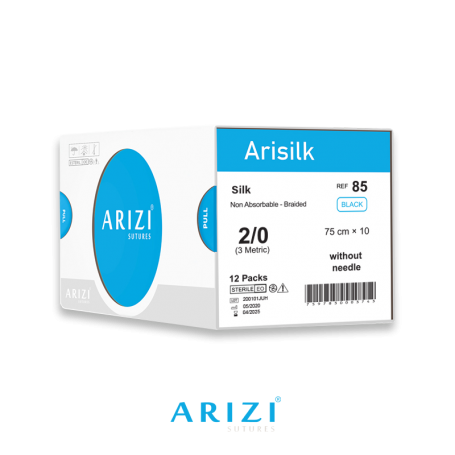 Arisilk 85: Seda 2/0 - 10x75 cm, Sin Aguja - Caja x 12 Unidades - ARIZI